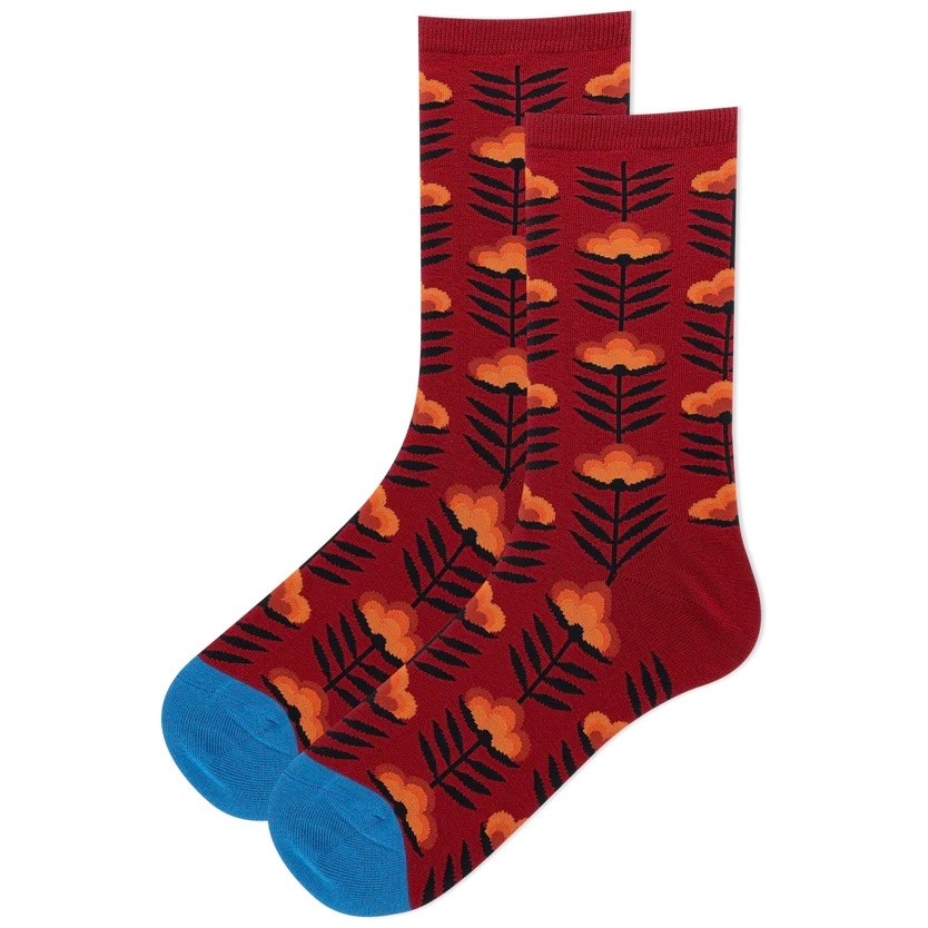 Nwt Hotsox Wine Red Retro Floral Crew Socks Fits Women’s Shoe Size 4-10.5 — image 3 of 7